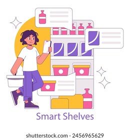 Phygital concept. Seamless integration of digital interface with physical shopping experience. Woman uses a smartphone to interact with smart shelves. Vector illustration.