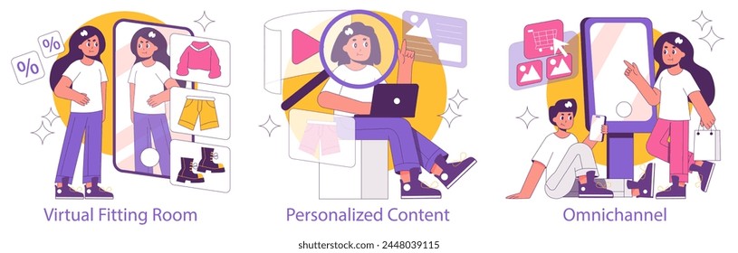Phygital concept set. Blending digital experiences with physical shopping through a virtual fitting room, personalized content, and omnichannel strategy. Vector illustration.