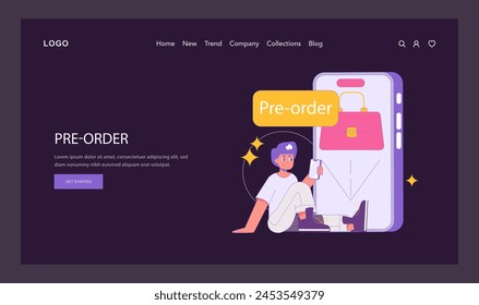 Phygital pre-order concept illustration. A user excitedly places a pre-order through a mobile app interface, engaging with digital shopping innovation. Vector illustration.