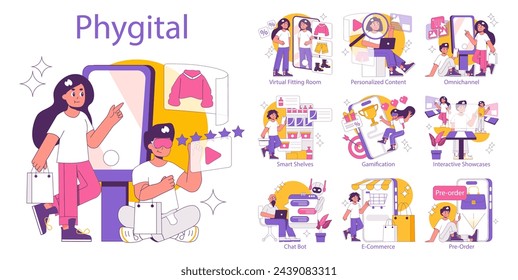 Phygital set. Seamless integration of physical and digital retail elements. Virtual fitting, personalized shopping, interactive experience. Vector illustration