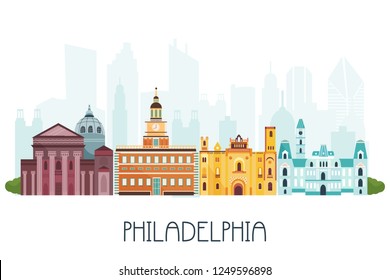 Phyladelphia skyline with skycsrapers and famous attractions. Horizontal banner. Tourism concept. Bright illustration