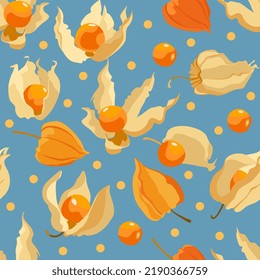 Bayas Physalis o berry dorada sin costuras. Ilustración vectorial. Ideal para tela, textil, papel pintado. 