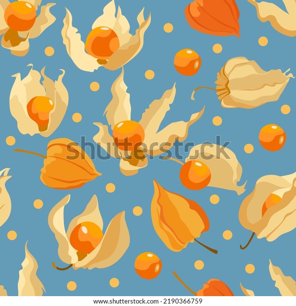 Physalis berries\
or golden berry seamless pattern. Vector illustration. Great for\
fabric, textile, wallpaper.\
