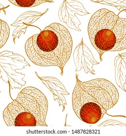 Physalis fruit and autumn leaves, seamless vector illustration