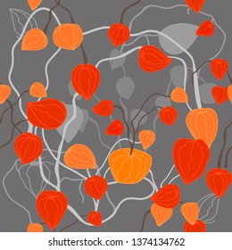 Physalis garden. Seamless vector pattern with botanical motifs. Oriental textile collection. On grey background.