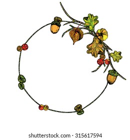 Physalis, oak leaf, acorn, twig & berry wreath, isolated on white background. Engraved Vector Element for your design. Autumn Vintage frame for Save the Date Card, Wedding invitation, covers, cards.