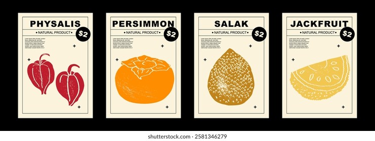 Physalis, persimmon, salak, jackfruit. Set of posters of fruits and citrus in a abstract draw design. Simple, flat design. Patterns and backgrounds. Perfect for poster, cover, banner.