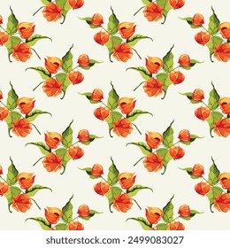 Physalis seamless pattern with physalis branches on a beige background. Hand drawn, not AI.