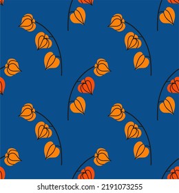 Las ramas de Physalis sobre un fondo azul, sin costuras. Ilustración vectorial. Imprimir para tela, textil, papel pintado.