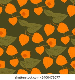 physalis vines with berries and flowers. beautiful physalis on endless green background. cute print
