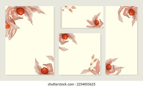 Physalis watercolor wedding invitation vector set. Luxury background and template layout design for invite card, luxury invitation card and cover template.