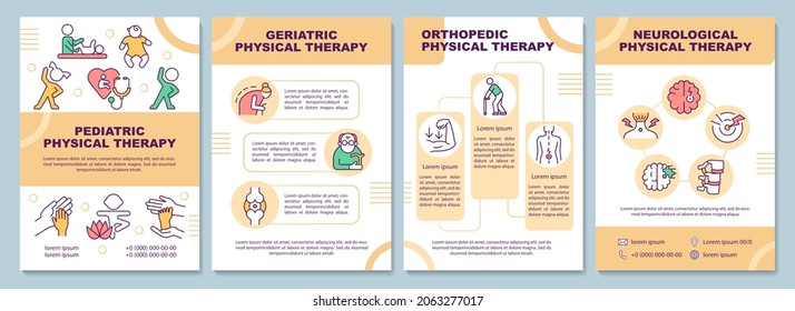 Physial therapy types brochure template. Health care. Flyer, booklet, leaflet print, cover design with linear icons. Vector layouts for presentation, annual reports, advertisement pages