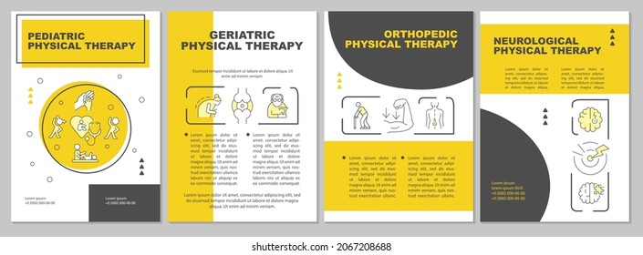 Tipo de terapia física plantilla de folleto amarilla. Atención de la salud. Volante, folleto, folleto impreso, diseño de portada con iconos lineales. Diseños vectoriales para presentación, informes anuales, páginas publicitarias
