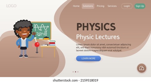 Physic Lectures website template. Illustration of a cartoon physics teacher in the classroom with a pendulum in front of the blackboard. Composition with a professional. Flat female character.