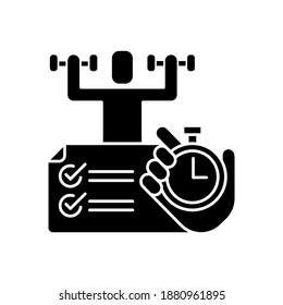 Physical abilities test black glyph icon. Sports achivments. Time task. Sport skills testing. Measure physical capabilities. Silhouette symbol on white space. Vector isolated illustration