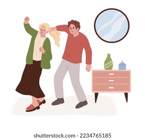 Abuso físico. Violencia doméstica. Un marido agresivo que tira de la mujer por el pelo. Hombre golpeando a una mujer. Relación abusiva. Ilustración vectorial de dibujos animados planos.