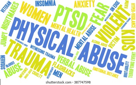 Physical Abuse word cloud on a white background. 