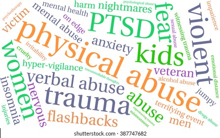 Physical Abuse word cloud on a white background. 