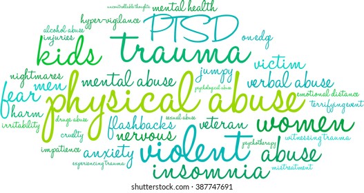 Physical Abuse word cloud on a white background. 