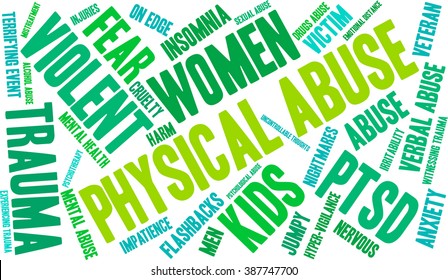 Physical Abuse word cloud on a white background. 