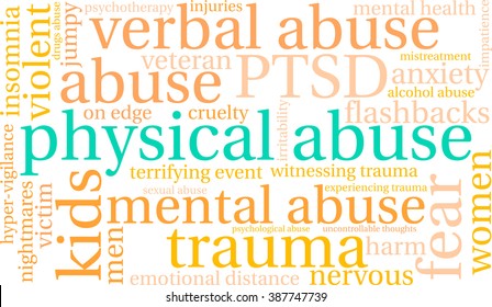 Physical Abuse word cloud on a white background. 