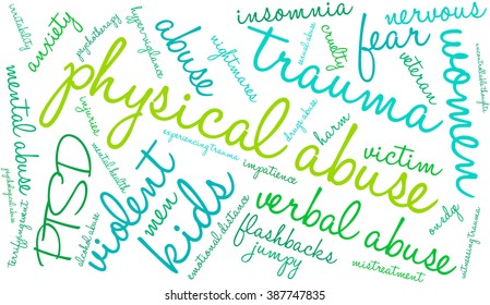 Physical Abuse word cloud on a white background. 