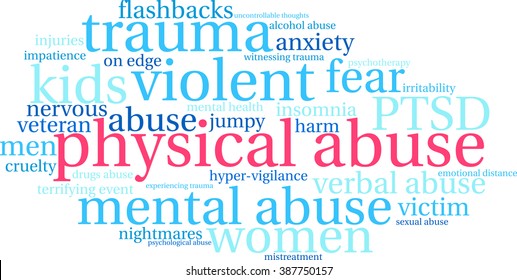 Physical Abuse word cloud on a white background. 