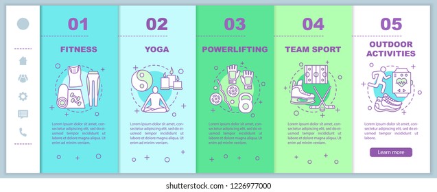 Physical activities onboarding mobile web pages vector template. Healthy lifestyle. Fitness and wellness. Smartphone website interface idea with linear illustrations. Webpage walkthrough step screens