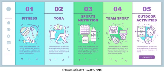Physical activities onboarding mobile web pages vector template. Healthy lifestyle. Fitness and wellness. Smartphone website interface idea with linear illustrations. Webpage walkthrough step screens