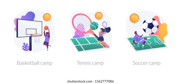 Physical activity classes flat icons set. Professional sportsman training courses. Basketball camp, tennis camp, soccer camp metaphors. Vector isolated concept metaphor illustrations.