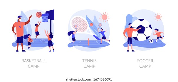 Physical activity classes flat icons set. Professional sportsman training courses. Basketball camp, tennis camp, soccer camp metaphors. Vector isolated concept metaphor illustrations.