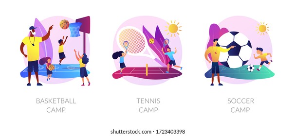 Physical activity classes flat icons set. Professional sportsman training courses. Basketball camp, tennis camp, soccer camp metaphors. Vector isolated concept metaphor illustrations.