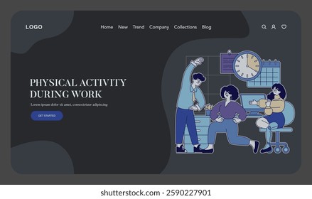 Physical activity during work promotion. Encouragement for healthy practices in office settings. Engaging workers through movement and exercise to improve well-being and productivity. Vector