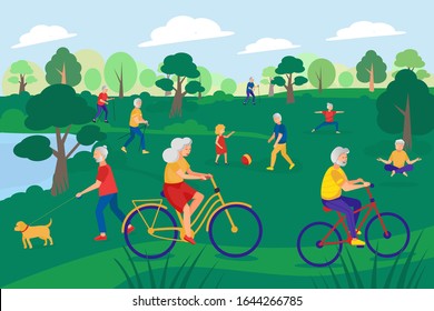 Physical activity of elderly people in the Park. Yoga, Nordic walking with sticks, playing with your grandson, running, Cycling, stretching, dog walking. The concept of a healthy lifestyle outdoor.