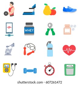 Physical Activity, Fitness Icons Set. Proper Nutrition, Exercise, Flat Design. Isolated Symbols Collection