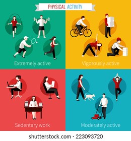 Physical activity flat set of extremely vigorously moderately active and sedentary work vector illustration