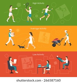 Physical activity horizontal banners set with high average and low elements isolated vector illustration