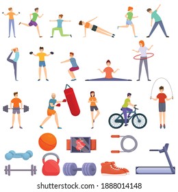 Icons für körperliche Aktivität eingestellt. Cartoon-Reihe von Menschen in körperlicher Aktivität, Vektorsymbole für Webdesign
