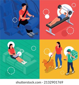 Physical activity isometric 2x2 set with active and sedentary living people isolated vector illustration