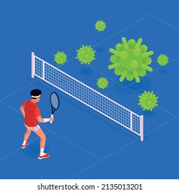 Physical activity isometric concept with man playing tennis against covid virus vector illustration