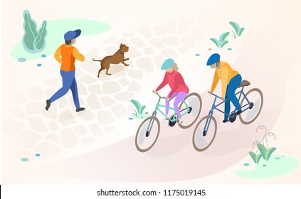 Physical Activity and Leisure in City Park Flat Vector Concept with People Characters Running and Playing with Dog, Riding Bicycle. Modern City Public Spaces, Recreational and Cycling Infrastructure