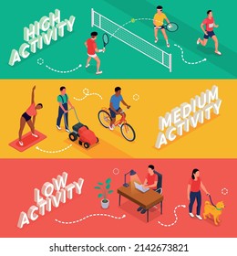 Physical activity levels horizontal banners set isolated vector illustration