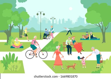 Physical Activity Of Older People In The Park. Walking, Running, Playing With A Grandson, Cycling, Dog Walking, Yoga, Reading A Book, Gymnastics. The Concept Of A Healthy Lifestyle Outdoors.