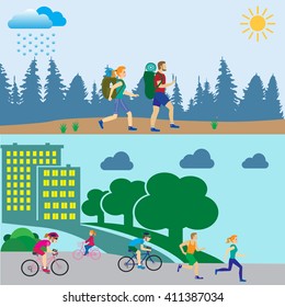 Physical activity people engaged in outdoor sports.Tourism and journey man and women.Flat design vector illustration