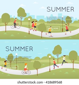 Physical activity people engaged in outdoor sports, running, roller skating, cycling, skateboarding, summer. Flat design vector illustration. Banners.