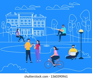 Physical Activity People Engaged in Summer Outdoor Sports, Cycling, Fishing, Walking Dog, Chatting on Blue Background with Outline City Buildings and Nature Elements. Cartoon Flat Vector Illustration.