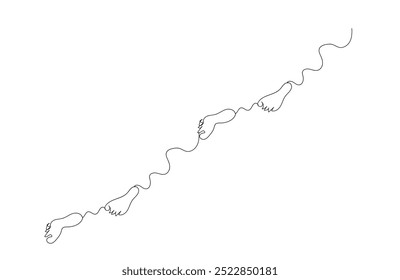 Atividade física de uma pessoa. Ilustração vetorial.  Conceito de dia nacional dos pés. Uma linha desenhando pegadas humanas. Etapas.  Vetor feito à mão não AI.