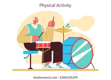 Physical activity as a positive effect of playing drums. Senior male character' learning new creative hobby. Drummer practising playing musical instrument. Flat vector illustration