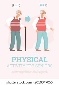 Physical activity for seniors banner or poster template with tired and energetic old man character, flat vector illustration. Activity and health care in old age.