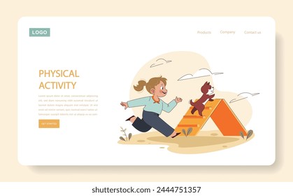 Physical Activity web or landing. Joyful child and dog engage in playful exercise on agility equipment, promoting active lifestyle. Flat vector illustration
